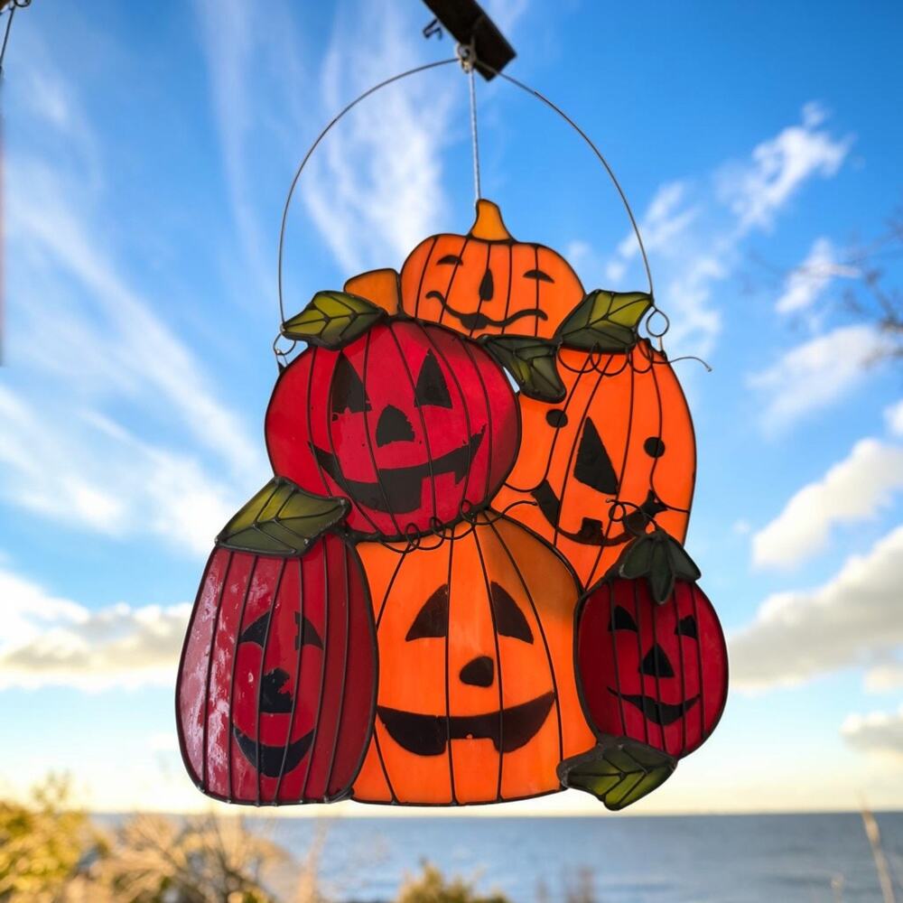 VTG Halloween 6 Stained/Slag Glass Jack O Lanterns Suncatchers Pumpkins